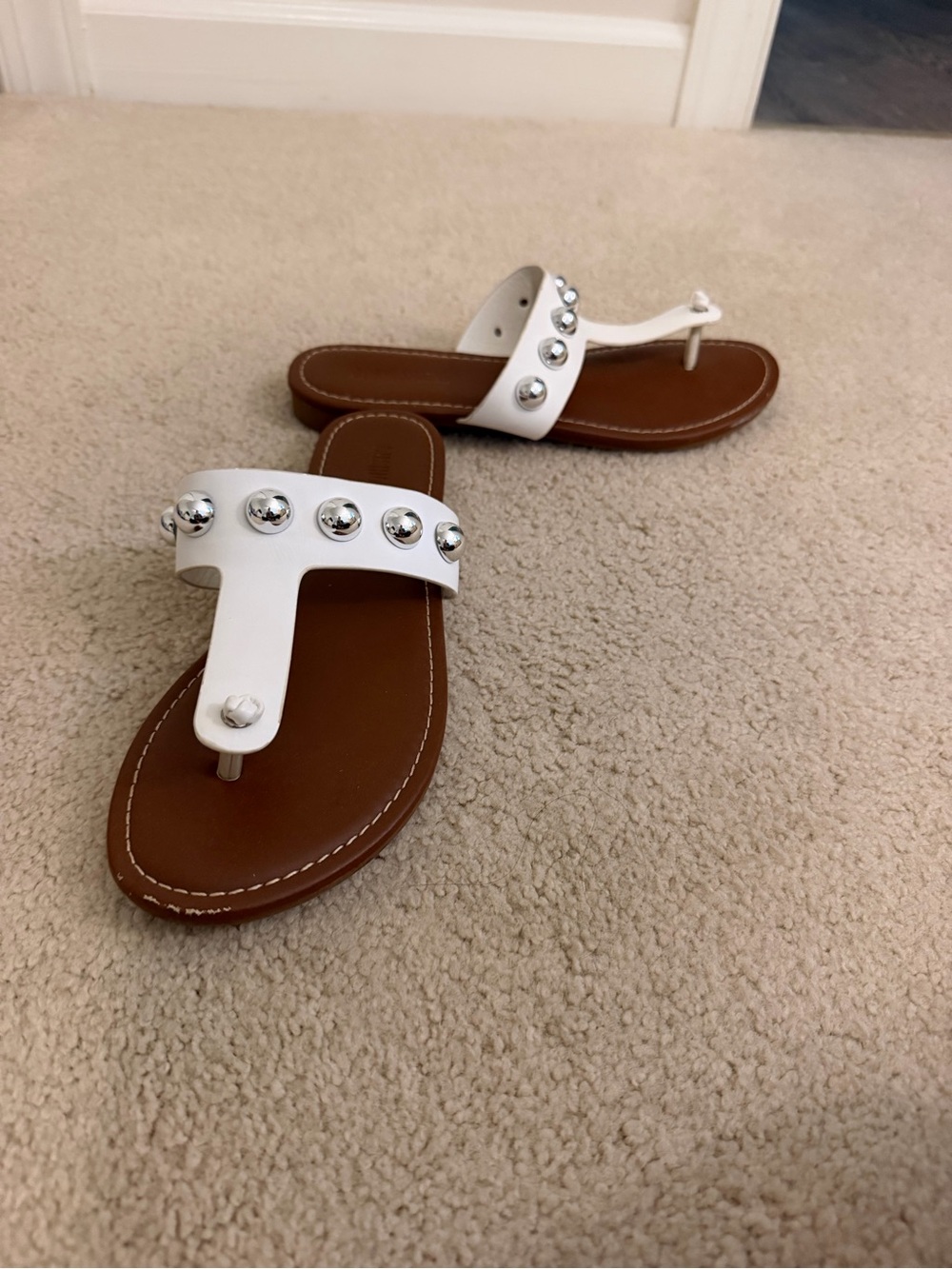 Women’s White Studded Toe-Post Sandals with Brown Footbed